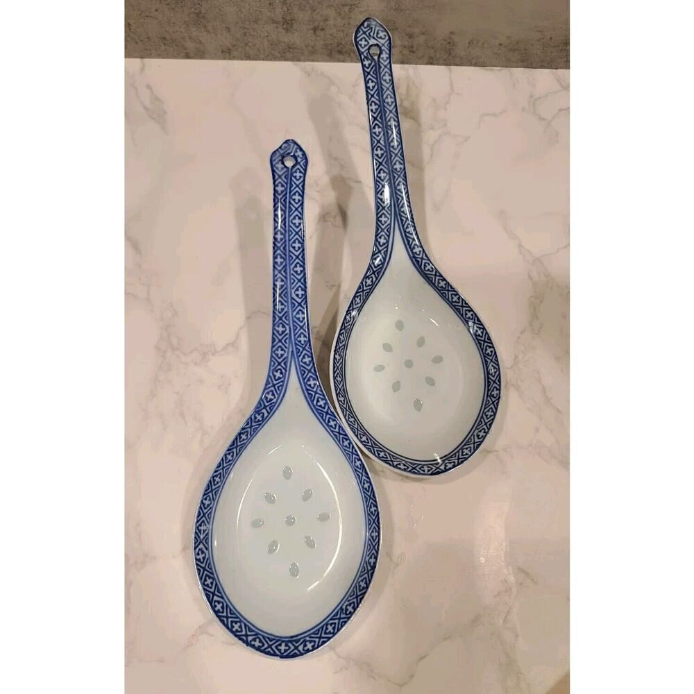 Tienshan Translucent Rice Grain Blue & White Design 9" Large Serving Spoons EUC
